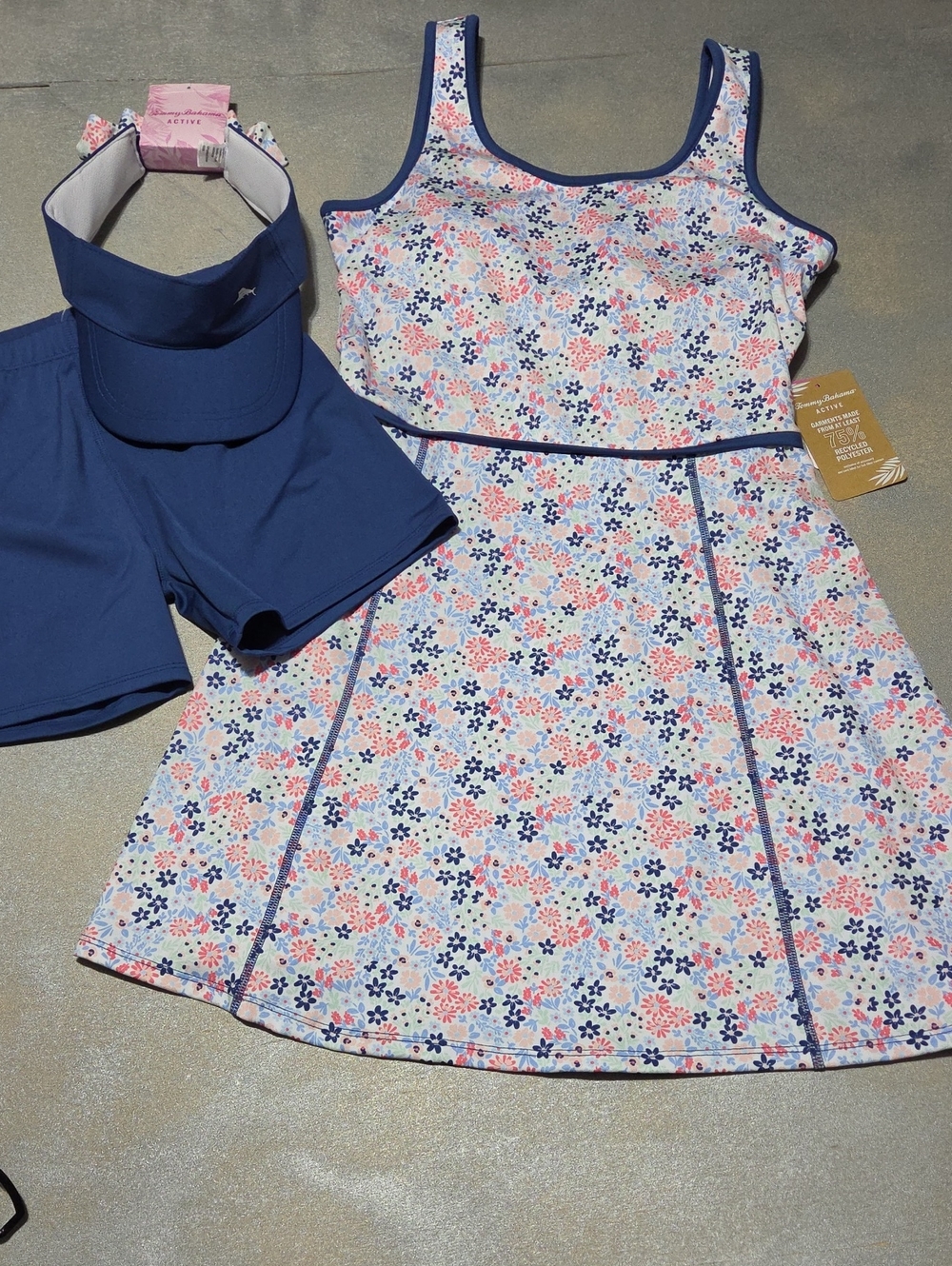 Tommy Bahama White Floral Tank Tennis Dress with Pink & Navy Accents